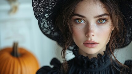 Beautiful young woman dressed as a witch in a black hat, holding a pumpkin with a mysterious gaze, surrounded by soft autumn lighting, Generative AI