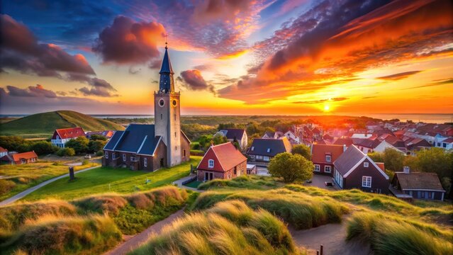 Silhouette View of De Koog Church in Texel Island at Sunset
