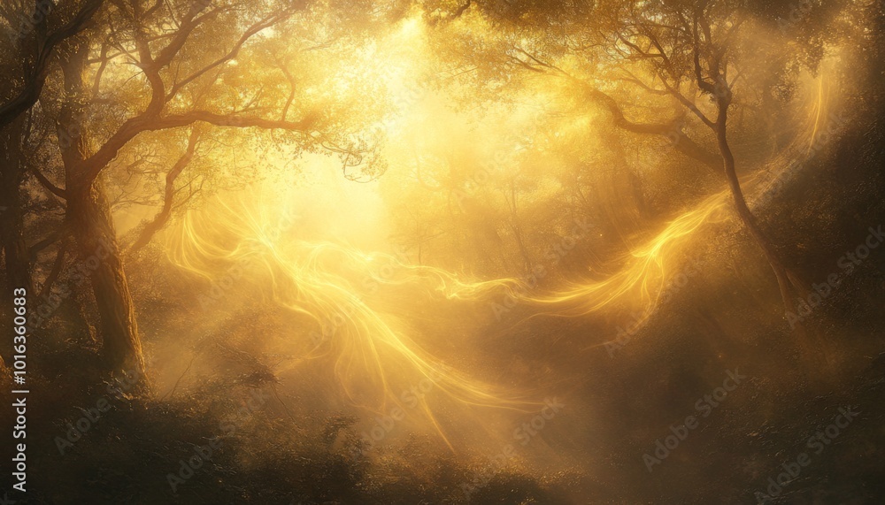 Poster golden light streams through a misty forest, creating a magical and ethereal atmosphere.