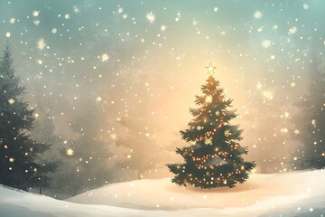 Beautiful background for a Christmas card, featuring a serene winter landscape. Include elements like softly falling snow, sparkling lights, and a majestic, decorated Christmas tree. 