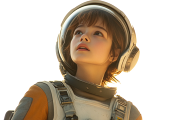 Young girl in a space suit and helmet looking upwards, isolated on a white background. PNG transparent.