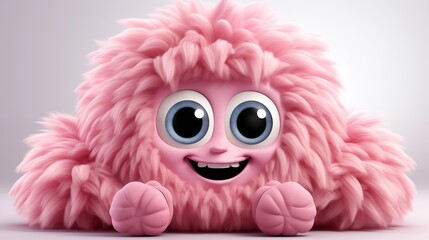 Obraz premium Pink fluffy cartoon character monster isolated on white background. Monster with horns, funny mascot.