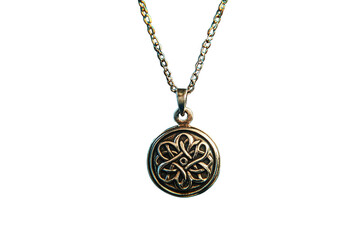 Silver necklace with a circular pendant, isolated on a black background. PNG transparent.