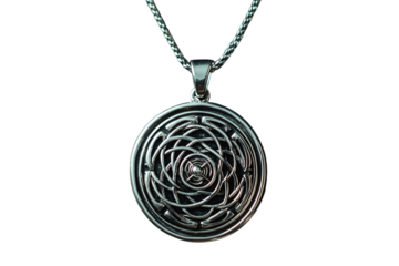 Silver necklace with a circular pendant, isolated on a black background. PNG transparent.