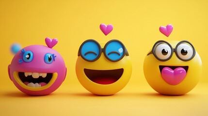 Fototapeta premium Four 3D emojis with various happy expressions and hearts on a yellow background.