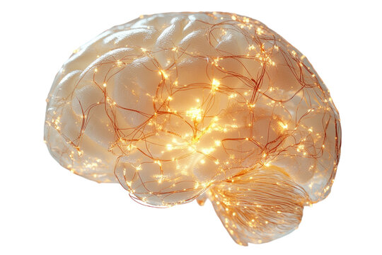 Digital illustration of a glowing brain, isolated on a white background. PNG transparent.