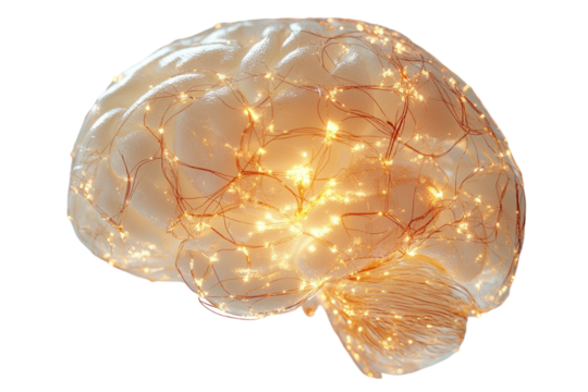 Digital illustration of a glowing brain, isolated on a white background. PNG transparent.