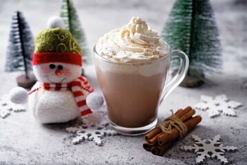 Hot cocoa drink with whipped cream for Christmas holidays