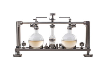 Distillation apparatus with glass flasks and condensers, isolated on a white background. PNG transparent.