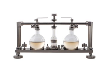 Distillation apparatus with glass flasks and condensers, isolated on a white background. PNG transparent.