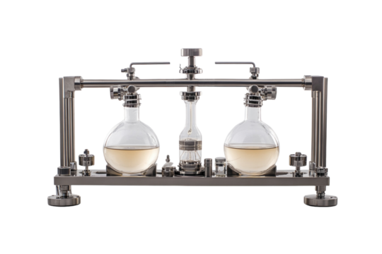 Distillation apparatus with glass flasks and condensers, isolated on a white background. PNG transparent.