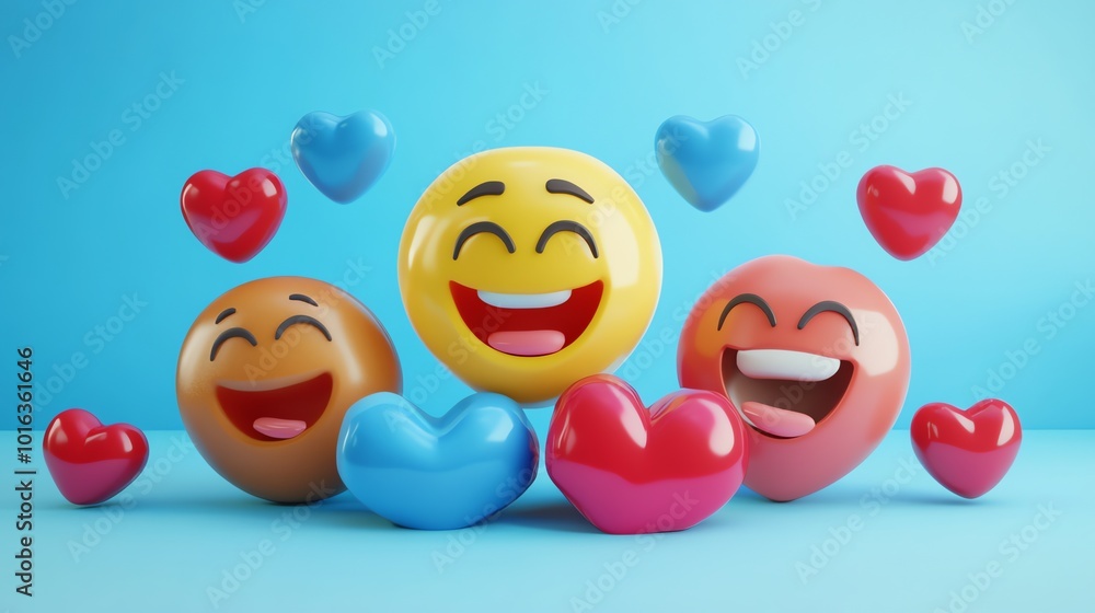Poster five 3d emojis with different colored faces and red hearts floating around them.