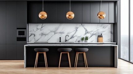 Modern kitchen interior with black cabinets, marble backsplash, and three pendant lights.