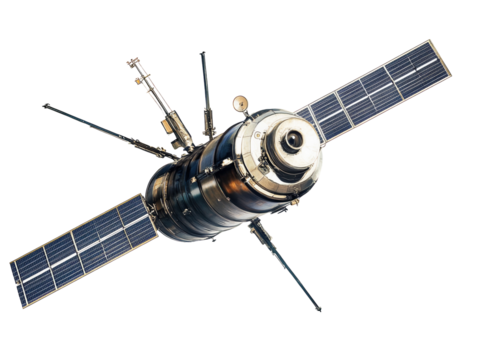 Space satellite with solar panels and antennas, isolated on a white background. PNG transparent.