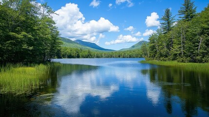 Obraz premium Scenic view of Swift Lake surrounded by lush forests, with clear blue skies and mountain reflections on the calm water.