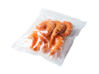 Vacuum-sealed shrimp in a plastic package, isolated on white. PNG transparent.