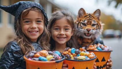 Fototapeta premium Smiling children dressed in Halloween costumes holding Jack-o'-lantern buckets while trick-or-treating Generative AI
