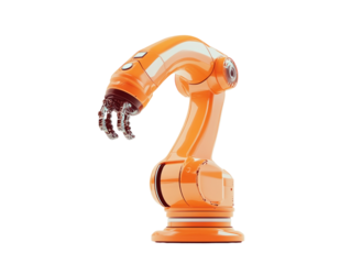 Orange industrial robotic arm with mechanical claw, isolated on white. PNG transparent.
