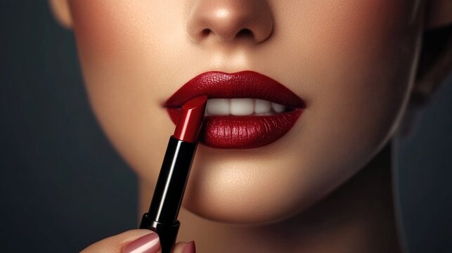 close up of glamorous young woman applying red lipstick on grey background, beauty and makeup