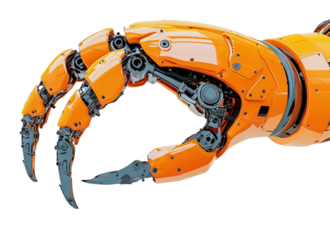 Orange industrial robotic arm with mechanical claw, isolated on white. PNG transparent.