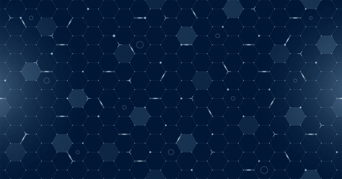 VR HUD futuristic user interface hexagons grid. Digital UI screen hexagonal seamless mesh. GUI hi tech visor backdrop. Spaceship head up display hex lines on dark blue background. FUI Sci Fi dashboard