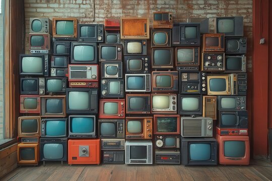 eclectic collection of vintage television sets stacked in a visually striking arrangement showcasing the evolution of broadcast technology through the decades