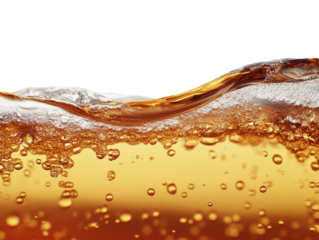 Golden liquid with bubbles rising, isolated on a white background. PNG transparent.