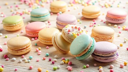 Softly focused, warm, and inviting background featuring a delicate arrangement of pastel-colored candies, macarons, and sprinkles on a creamy white textured surface.
