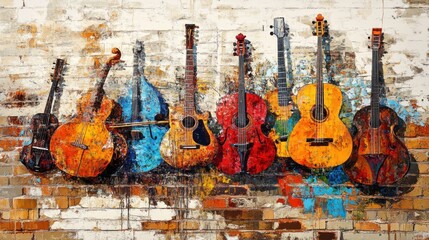Naklejka premium Colorful Guitars on a Brick Wall