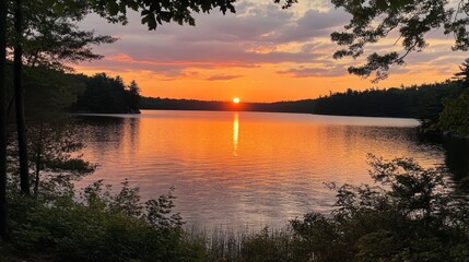 Sunset over Swift Lake, with the water turning vibrant hues of orange and pink, as a silhouette of trees lines the horizon.