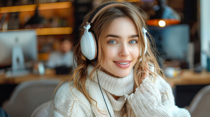 Young woman with headphones enjoying music in a cozy caf? during the afternoon