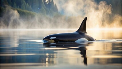 Orca whale surfacing in misty water with visible dorsal fin reflected