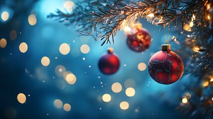 A Red Ornament on a Christmas Tree with Bokeh Lights