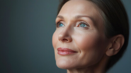 middle-aged woman with glowing skin, anti-aging and wrinkle-free facial care
