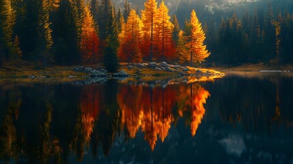 An autumn forest landscape presents colorful trees reflected in a calm lake during golden hour, featuring rich reds and oranges that evoke a serene, photorealistic feel.