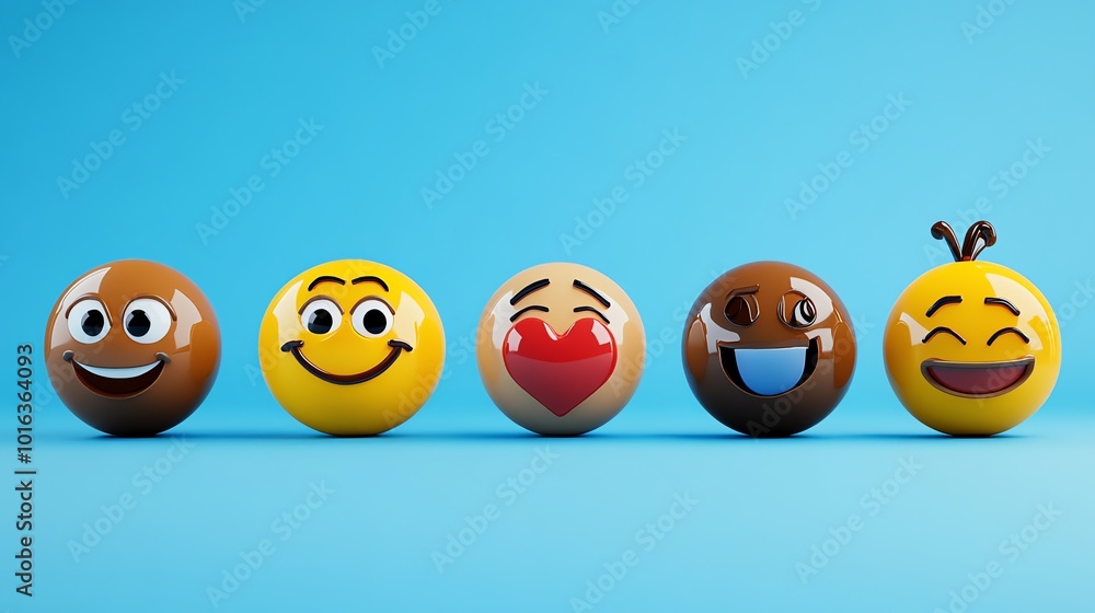 Poster five 3d emojis with different colored faces and red hearts floating around them.