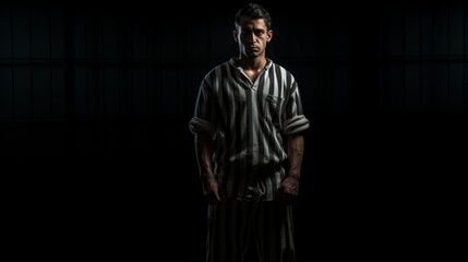 A front view photo of a prisoner with prison clothes standing far away. Neural network ai generated art