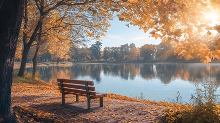 An autumn park scene features a tranquil lake, a wooden bench along a tree-lined path, and vibrant fall colors illuminated by golden sunlight, exuding a serene atmosphere.