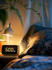 Morning Routine: Digital Alarm Clock Showing 6:00 AM with Illuminated Snooze Button on Bedside Table