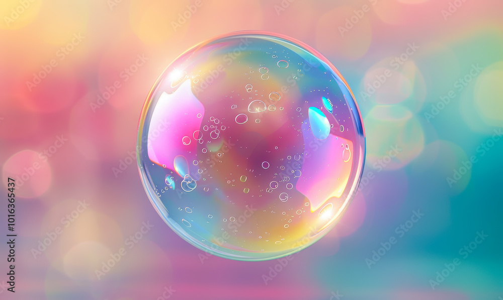 Poster iridescent soap bubble with multicolored background reflecting light; abstract macro photography of 
