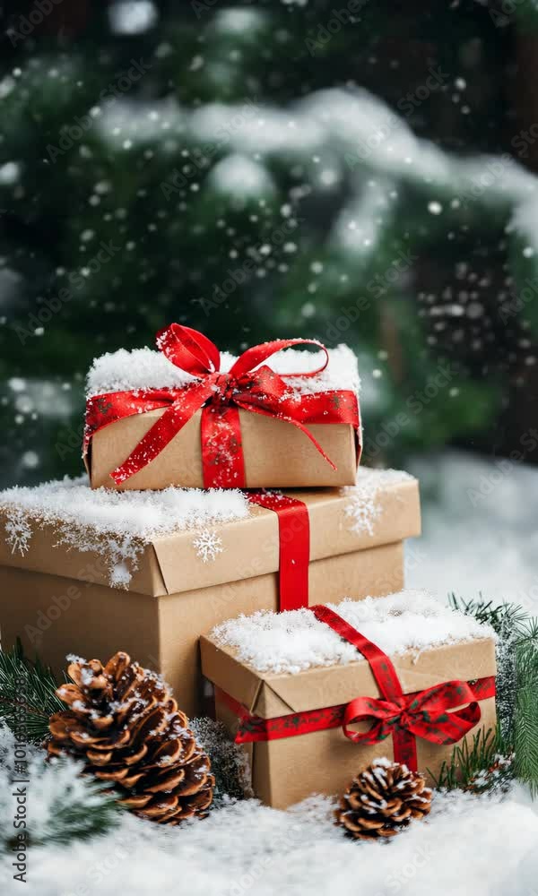 Poster three brown boxes with red ribbons on top of a pile of pine cones covered in snow. the boxes are sta