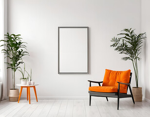 Mockup frame on a white wall in a studio with a stylish orange chair and luxurious decorative plants. A good idea for advertising, photo presentation, congratulations and other creative ideas.