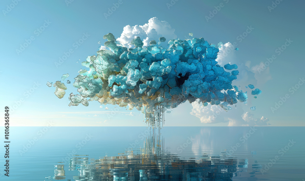 Poster abstract conceptual cloud computing growth visualization over a calm ocean at daytime, depicting dig