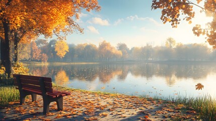 An autumn park scene features a tranquil lake, a wooden bench along a tree-lined path, and vibrant fall colors illuminated by golden sunlight, exuding a serene atmosphere.