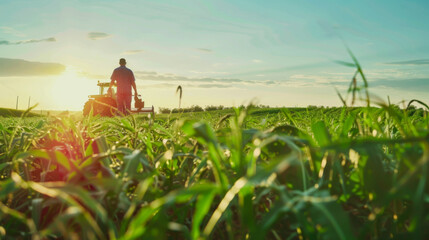 Farmer observing tractor at work in soybean field during sunset