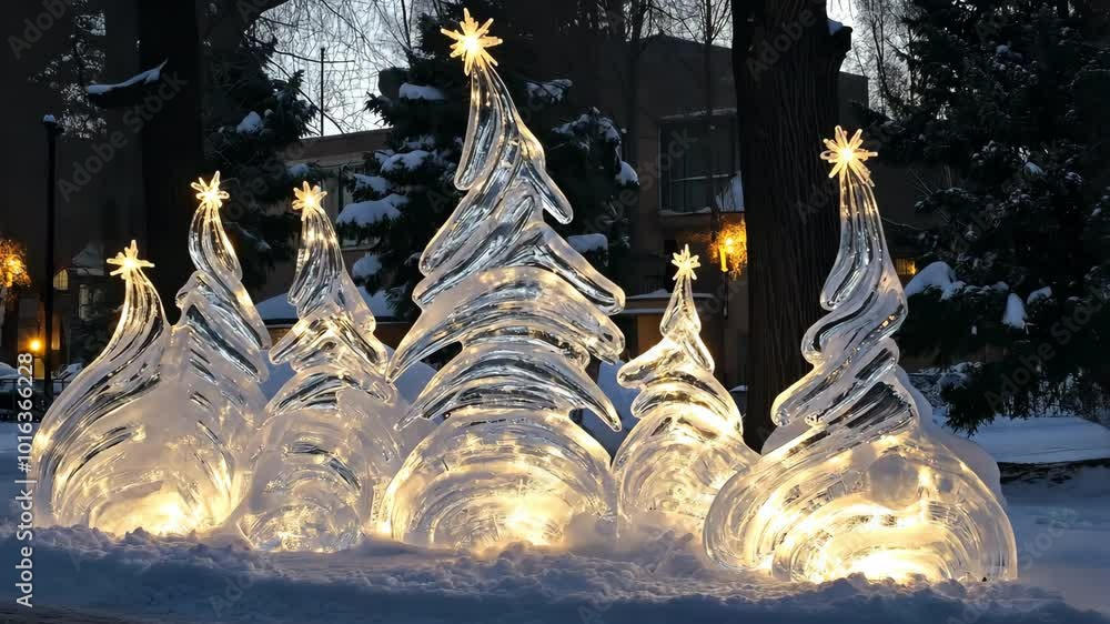 Poster a group of ice sculptures of christmas trees are lit up. the trees are arranged in a row and are ill