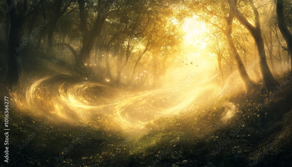 Poster a magical golden light shines through the trees in a misty forest, creating a mystical path.