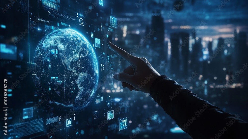 Poster hand pointing at a digital globe on a futuristic interface with data and charts.