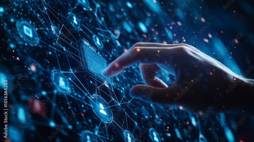 Poster hand interacting with digital network interface on a futuristic screen.