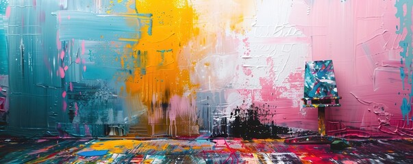Artists' studios with paint splatters and creative chaos, vibrant and dynamic, Urban, Bright hues, Photograph, Creative space